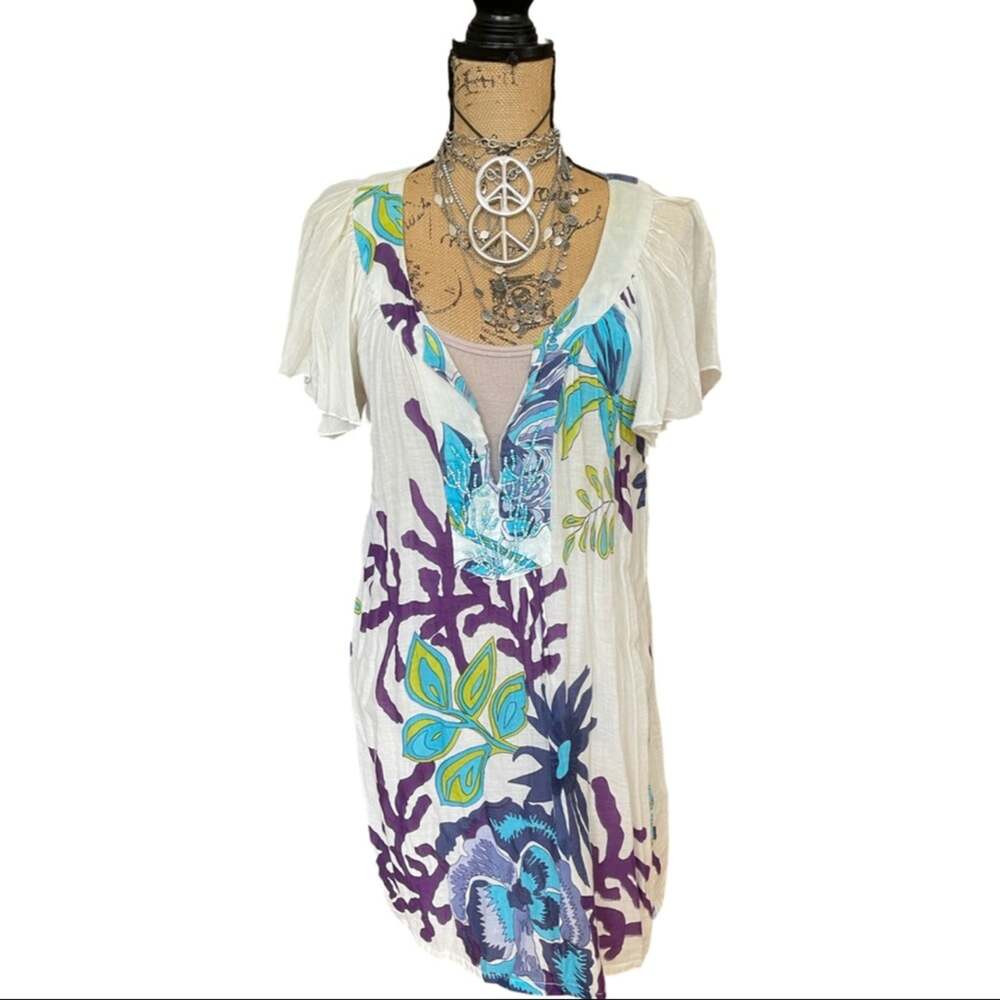 Top Dress Coverup beaded details on neckline white blue purple size XL